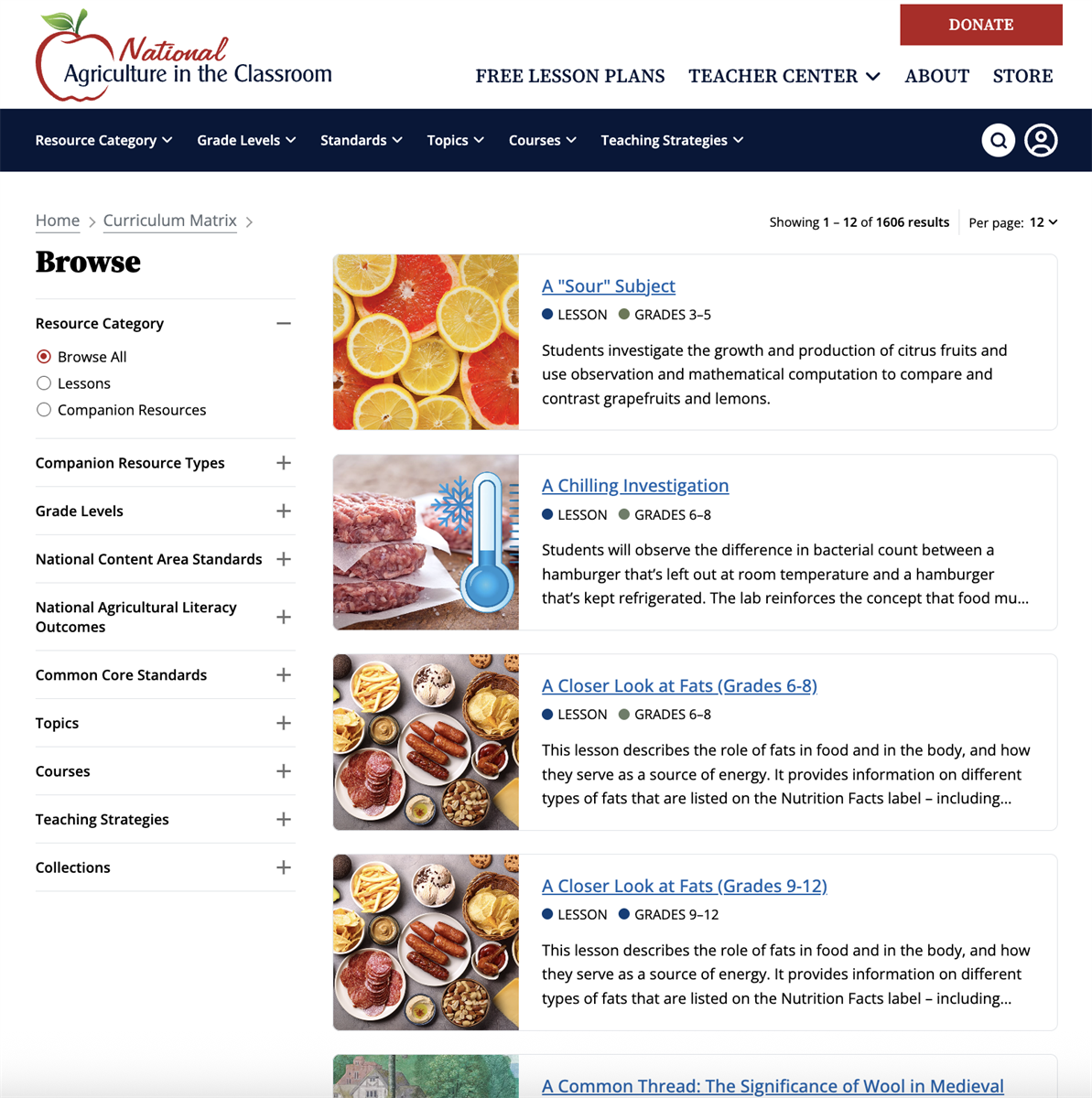 Screenshot of the curriculum matrix webpage